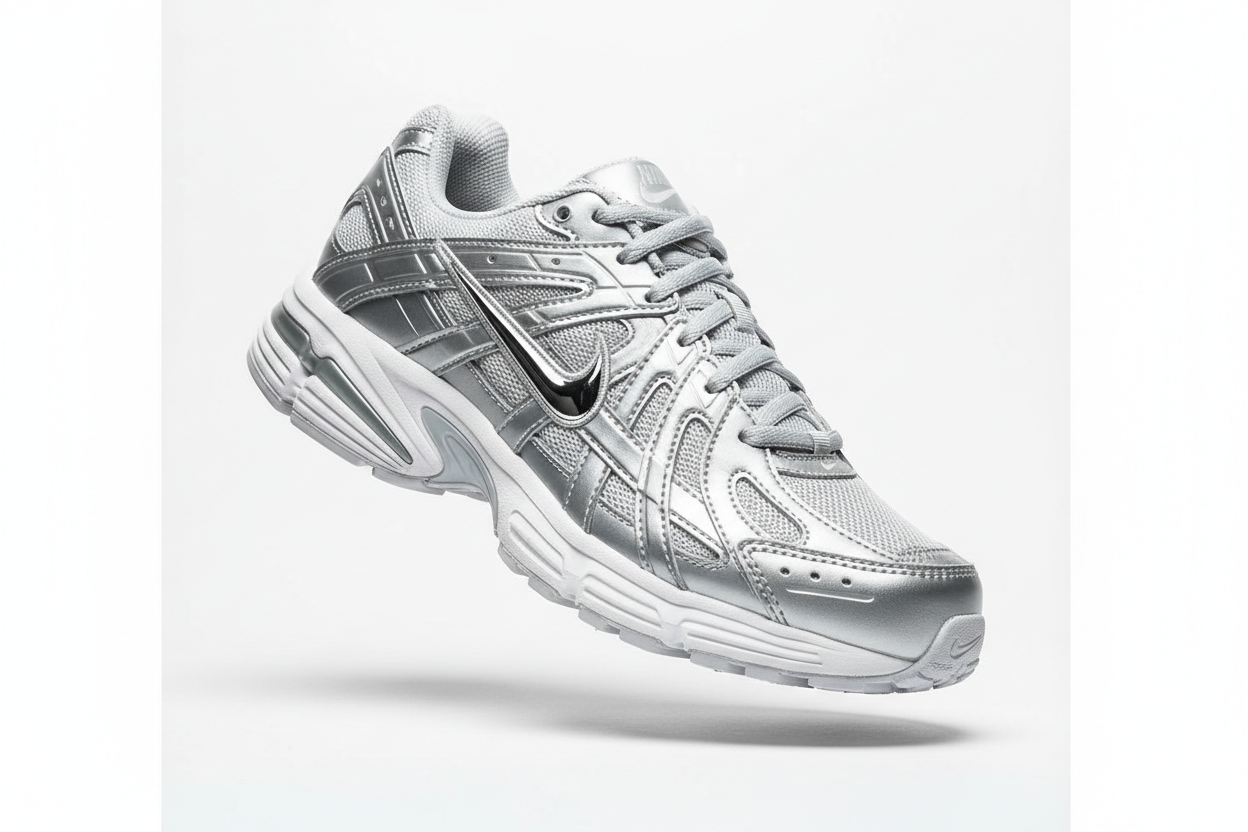 Nike P-6000 sneaker in metallic silver colorway, 45-degree angle view, floating on pure white background, soft studio lighting, clean product photography, all details visible, professional commercial style, premium quality, sharp focus, 4K resolution, minimalist composition
